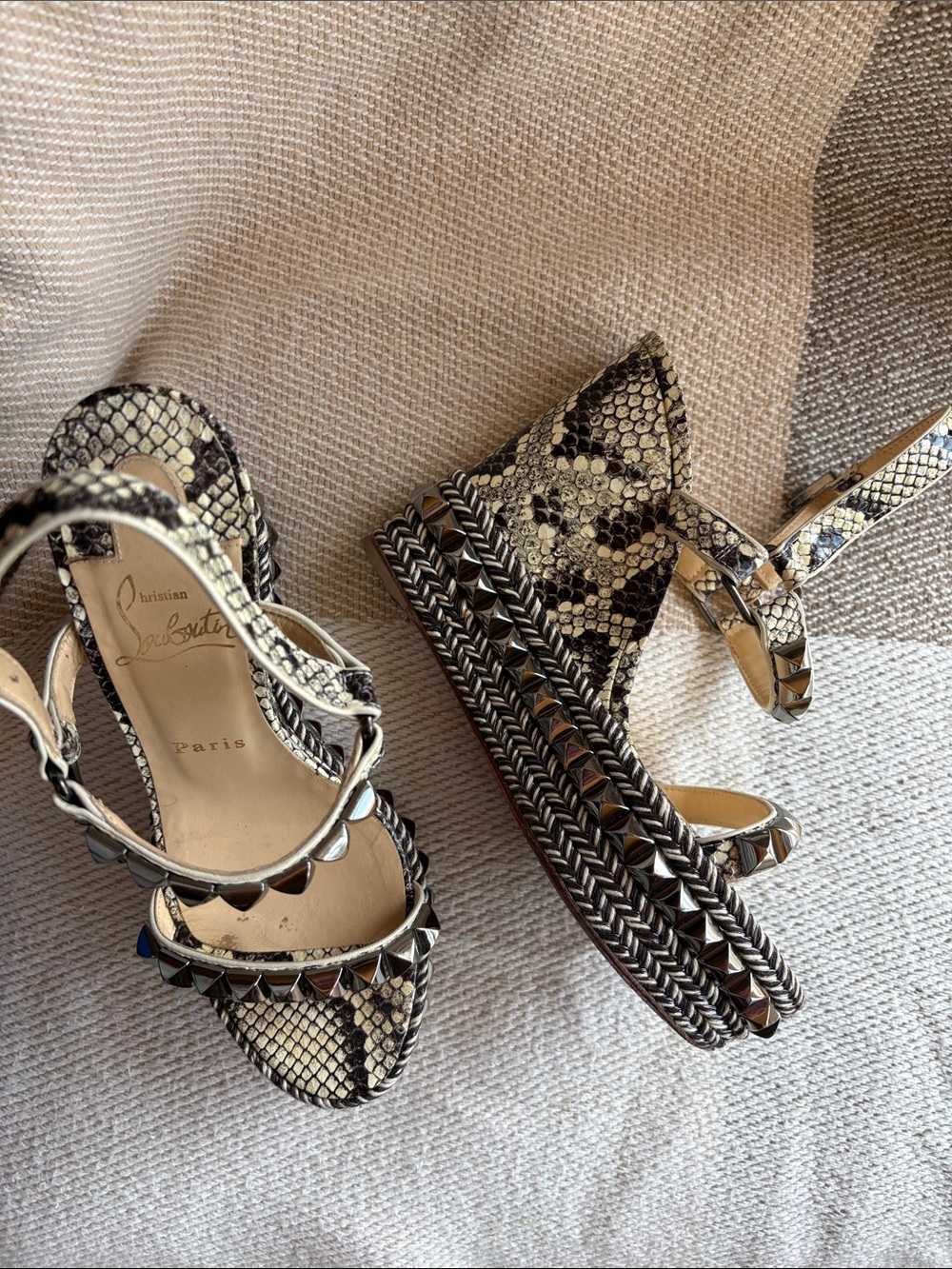 Christian Louboutin Snake-Print Platform Sandals in Black and Cream size 37